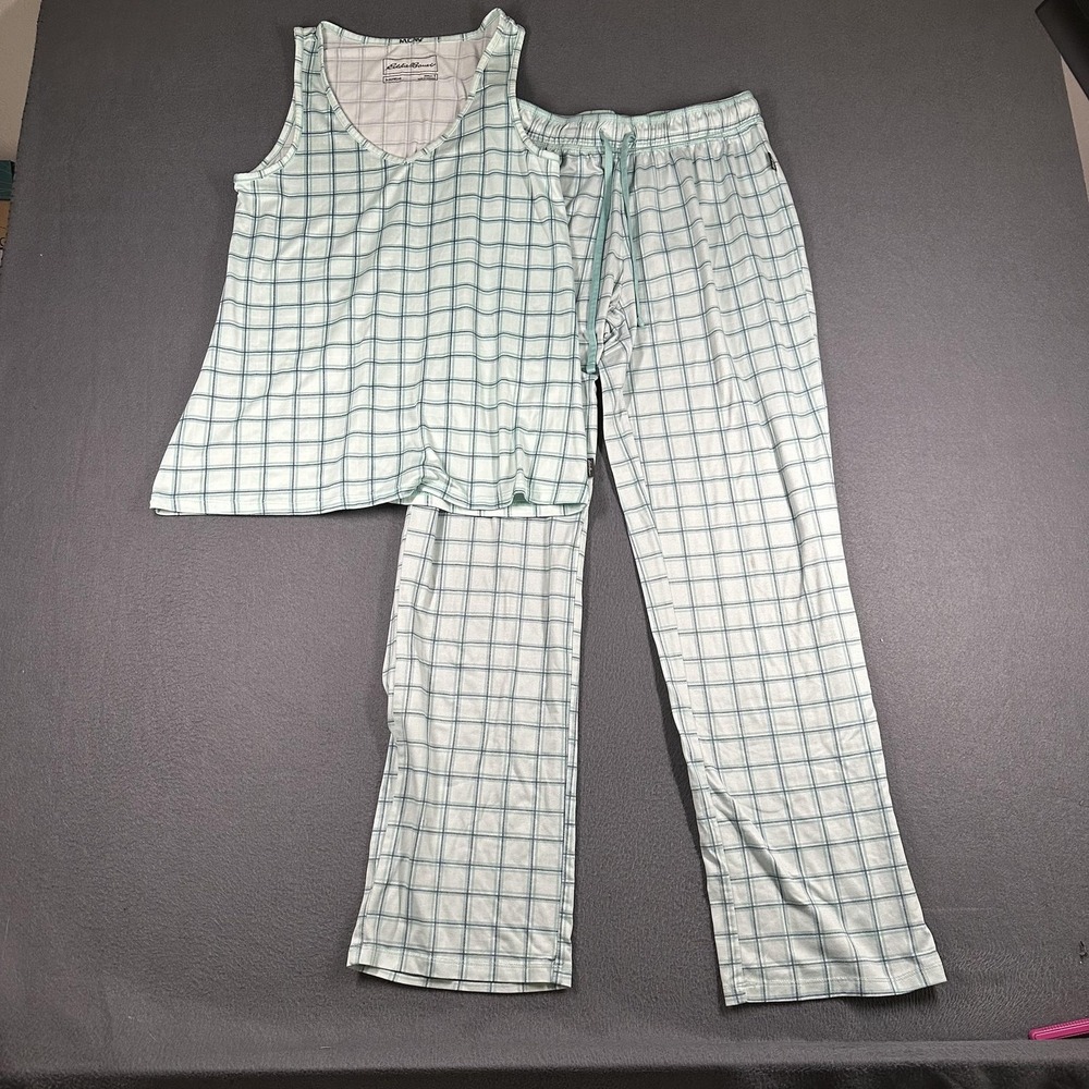 Eddie Bauer Pajama Set Womens Small Green Plaid Tank Top Pants Sleepwear Jersey